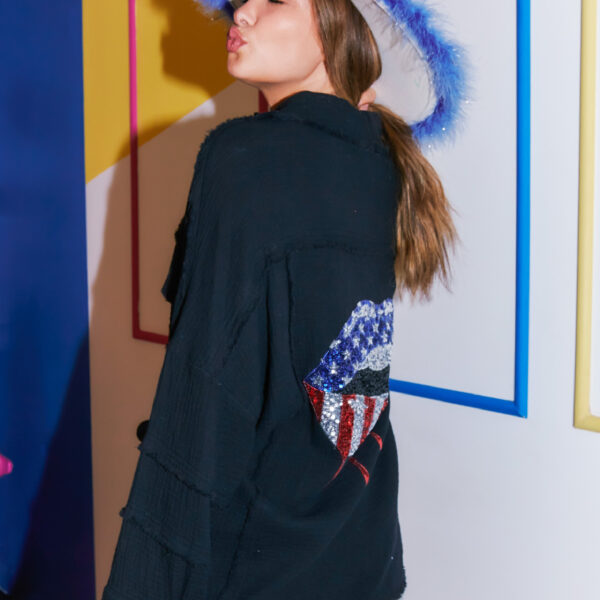 Button Down Back Flag Sequin Lips