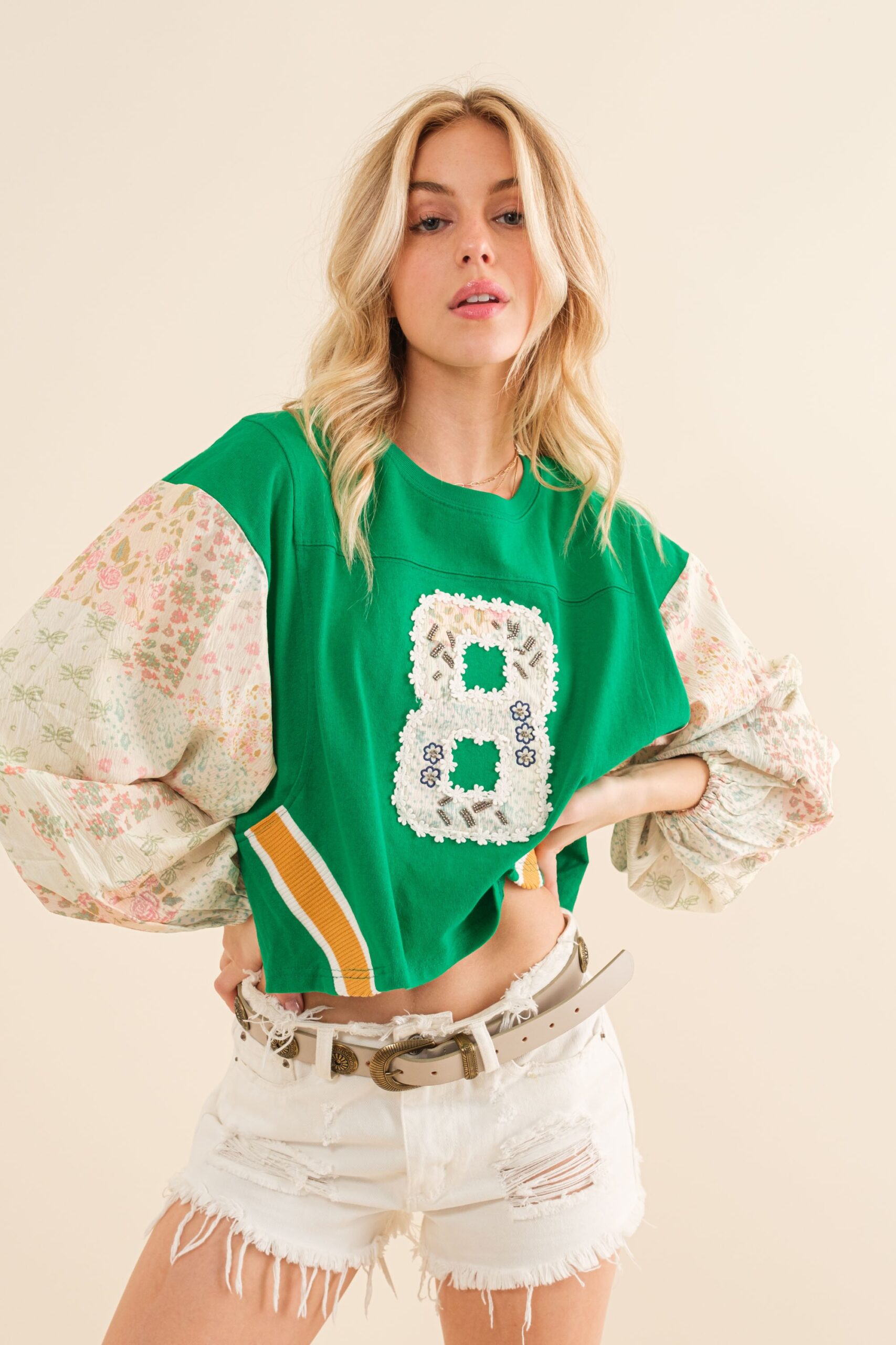 Floral Puff Color Block Crop Top