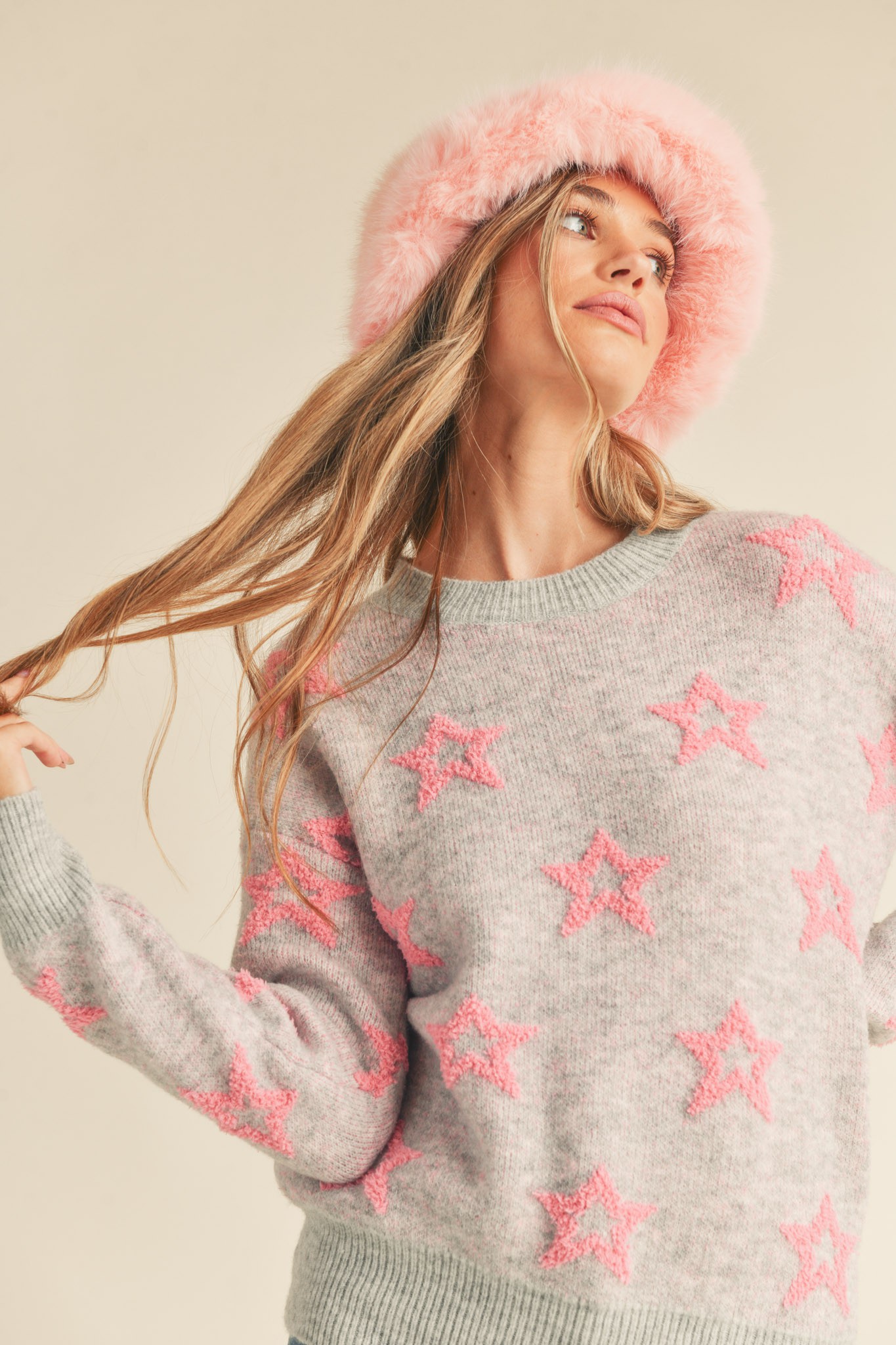 Crew Neck Fuzzy with Pink Stars