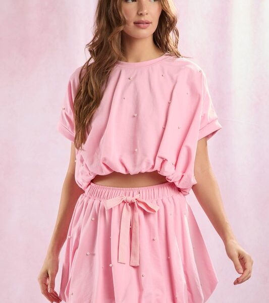 Pink Bubble Hem Top Pearl Detail