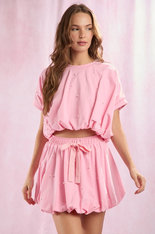 Pink Bubble Hem Top Pearl Detail