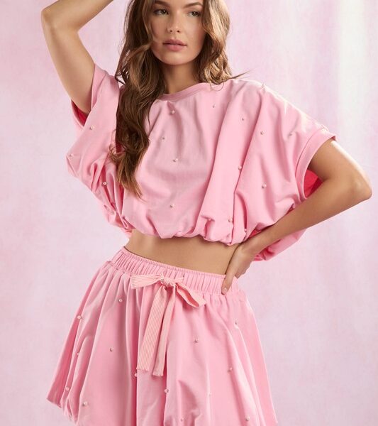 Pink Bubble Hem Mini Skirt Pearl Detail