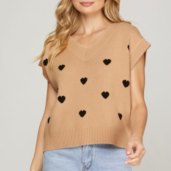 V Neck Taupe Heart Knit Sweater Vest