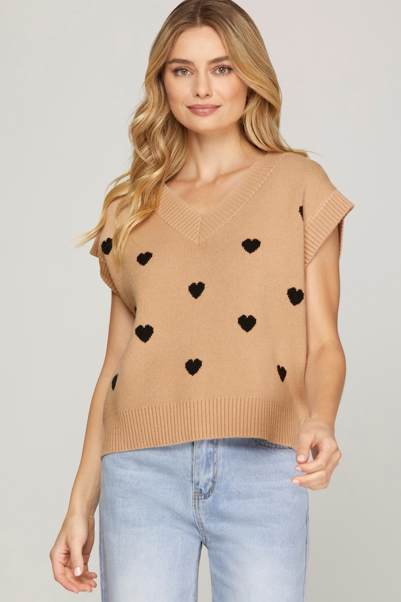 V Neck Taupe Heart Knit Sweater Vest