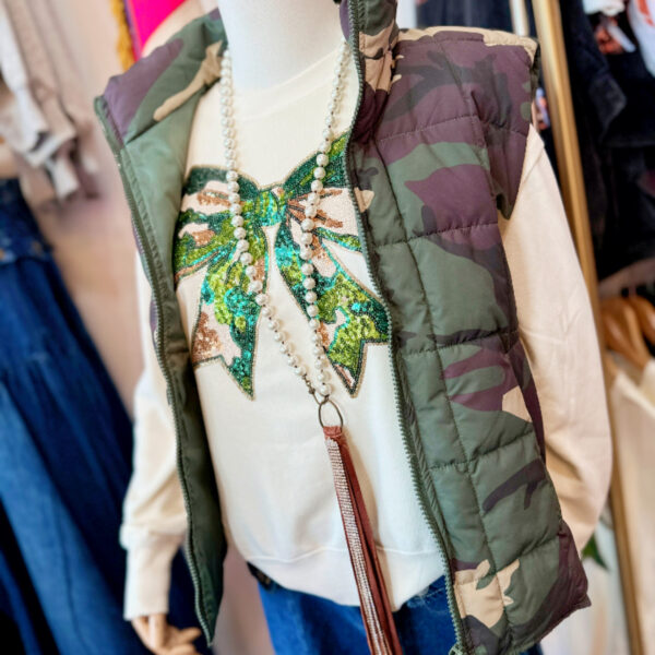 Camo Sequin Bow Top