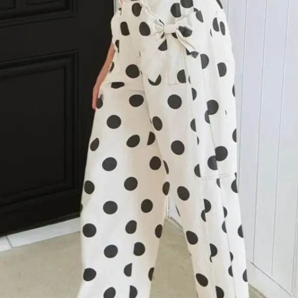 White Polka Dot Wide Leg Bow Pant