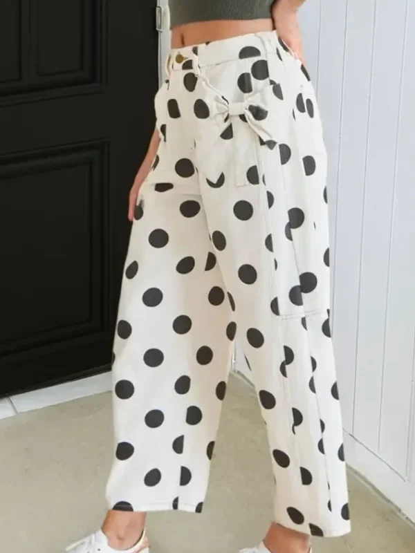 White Polka Dot Wide Leg Bow Pant