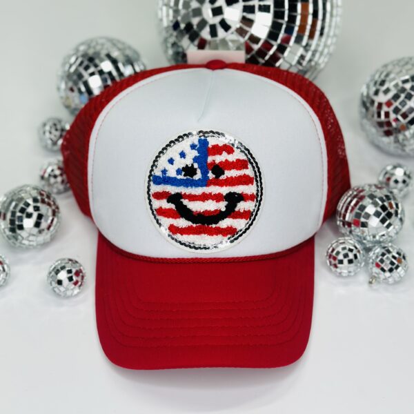 Red Smiley Sequin Trucker Cap