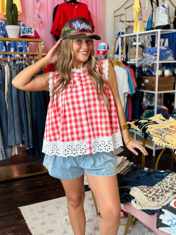 Red Checkered Sleeveless Button Up Top