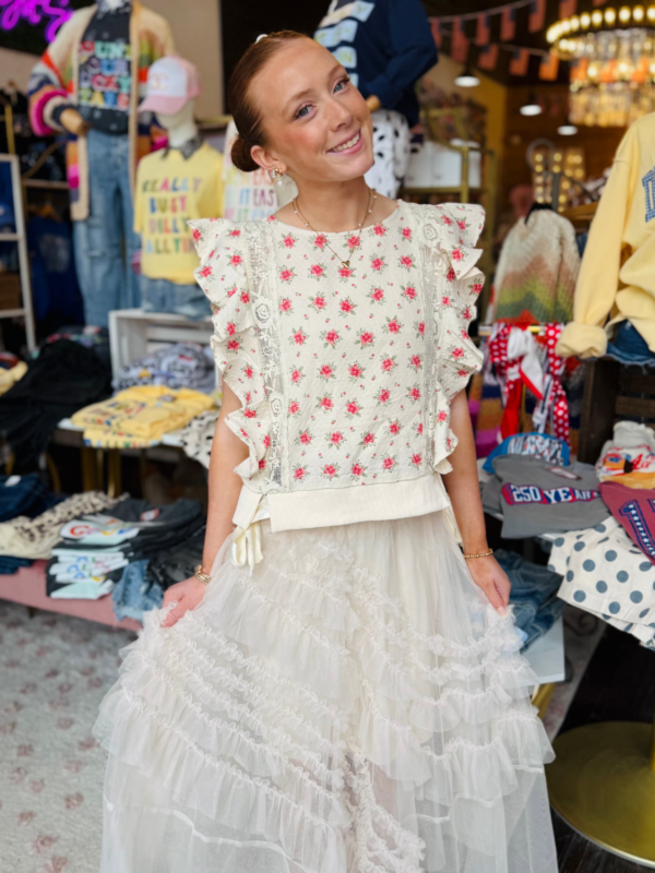 Flower Ruffle Sleeve w/side Tie Top