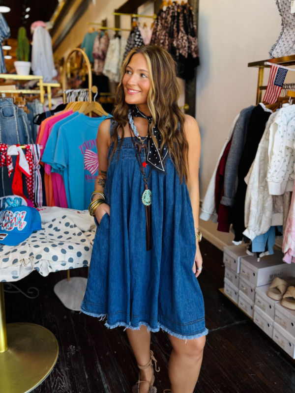 Blue Haze Denim Pleated Mini Dress